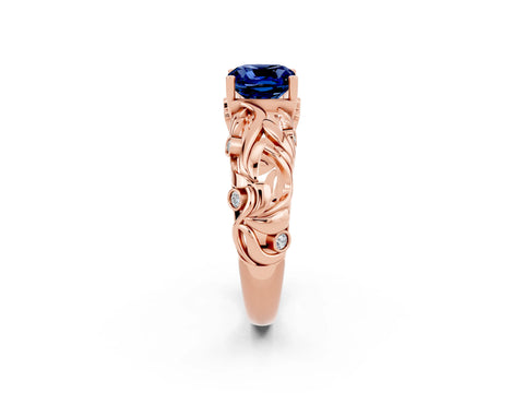 Rose gold Cushion Cut Solitaire Blue Sapphire Leaf-Inspired Vine Band Ring with Prong Setting_2