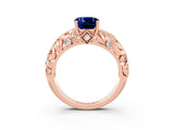 Rose gold Cushion Cut Solitaire Blue Sapphire Leaf-Inspired Vine Band Ring with Prong Setting_3