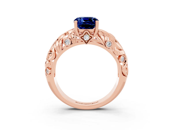 Rose gold Cushion Cut Solitaire Blue Sapphire Leaf-Inspired Vine Band Ring with Prong Setting
