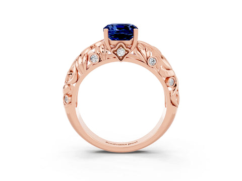 Rose gold Cushion Cut Solitaire Blue Sapphire Leaf-Inspired Vine Band Ring with Prong Setting_3