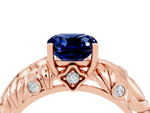 Rose gold Cushion Cut Solitaire Blue Sapphire Leaf-Inspired Vine Band Ring with Prong Setting_4