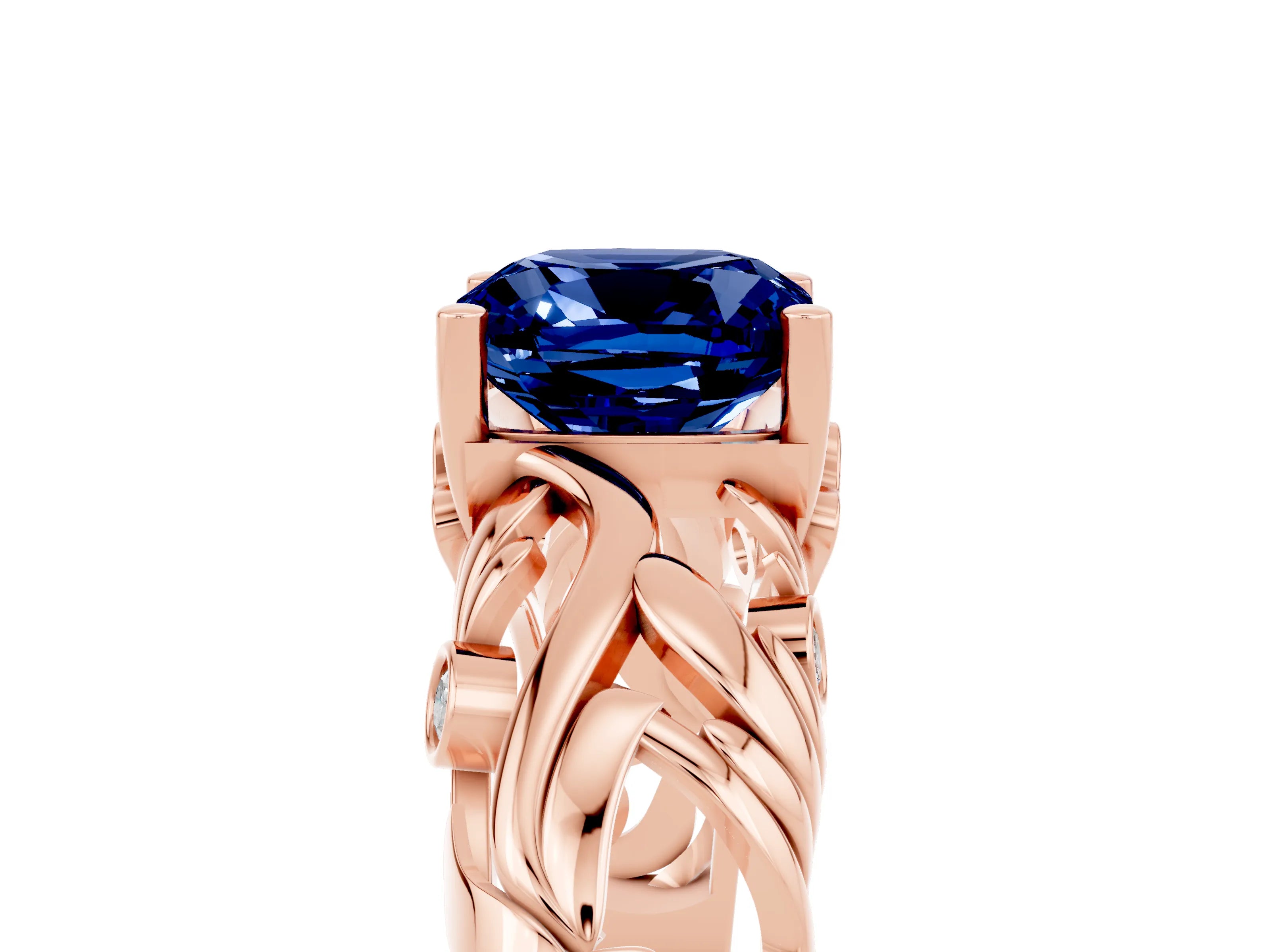 Rose gold Cushion Cut Solitaire Blue Sapphire Leaf-Inspired Vine Band Ring with Prong Setting_5