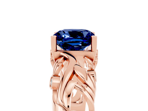 Rose gold Cushion Cut Solitaire Blue Sapphire Leaf-Inspired Vine Band Ring with Prong Setting_5