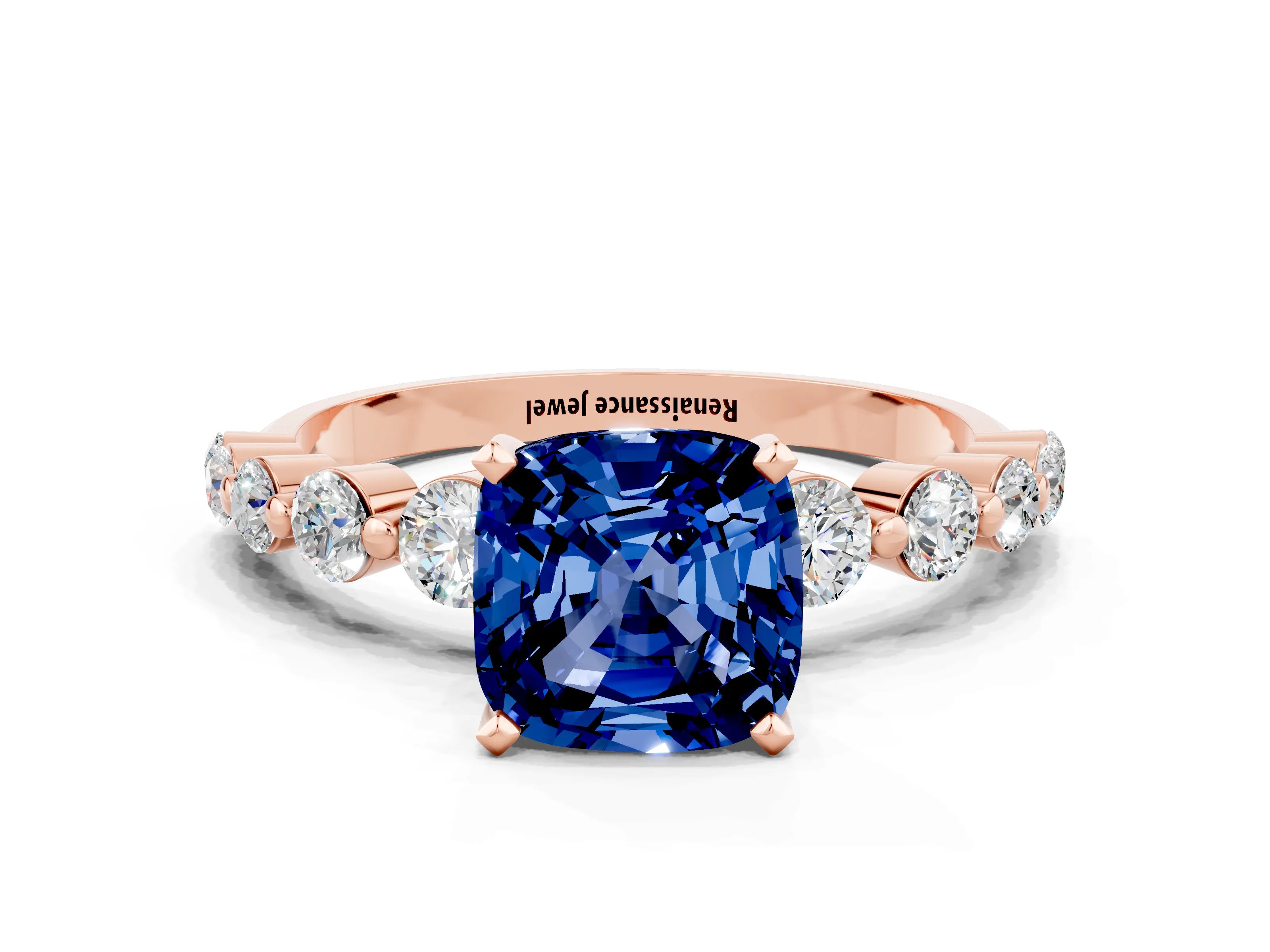 Rose gold Cushion Cut Solitaire Blue Sapphire Ring with Pave Band and Four-Prong Setting
