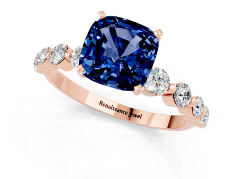 Rose gold Cushion Cut Solitaire Blue Sapphire Ring with Pave Band and Four-Prong Setting_1