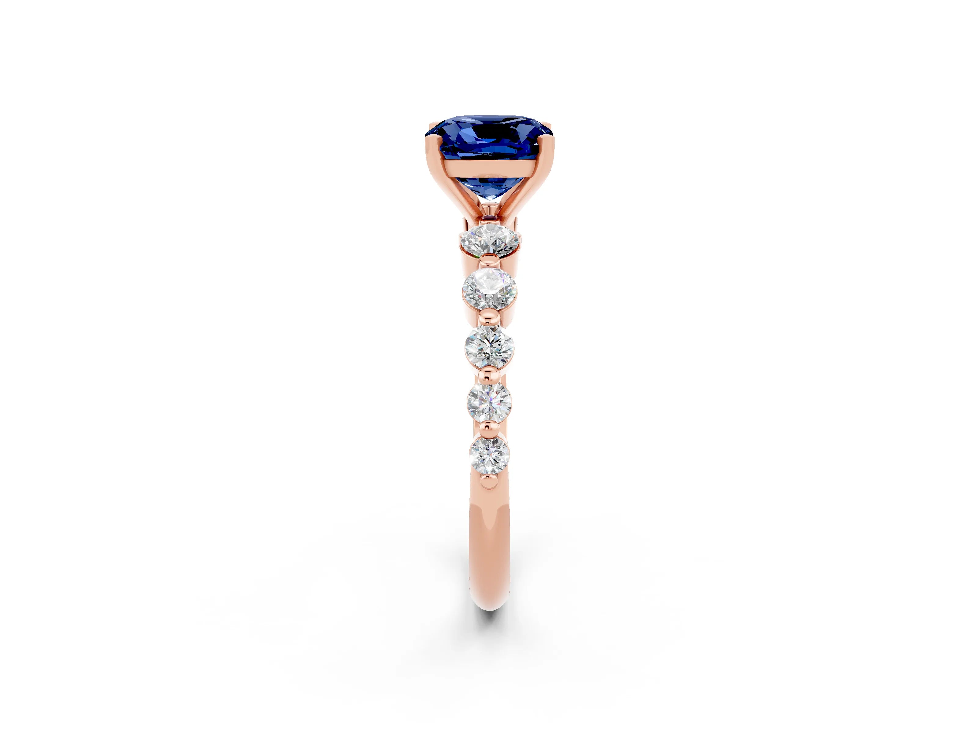 Rose gold Cushion Cut Solitaire Blue Sapphire Ring with Pave Band and Four-Prong Setting_2