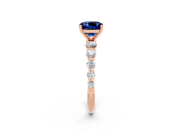 Rose gold Cushion Cut Solitaire Blue Sapphire Ring with Pave Band and Four-Prong Setting