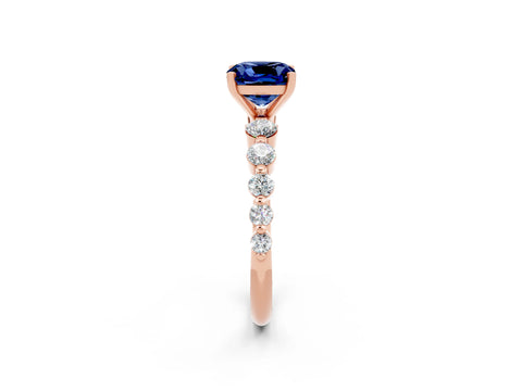 Rose gold Cushion Cut Solitaire Blue Sapphire Ring with Pave Band and Four-Prong Setting_2