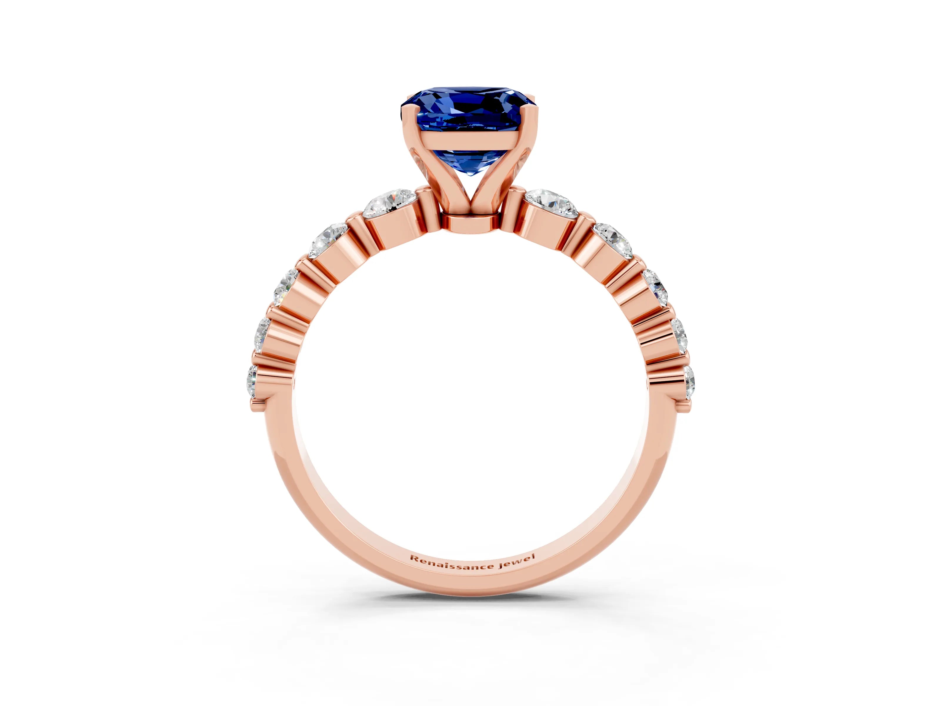 Rose gold Cushion Cut Solitaire Blue Sapphire Ring with Pave Band and Four-Prong Setting_3