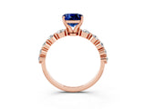 Rose gold Cushion Cut Solitaire Blue Sapphire Ring with Pave Band and Four-Prong Setting_3