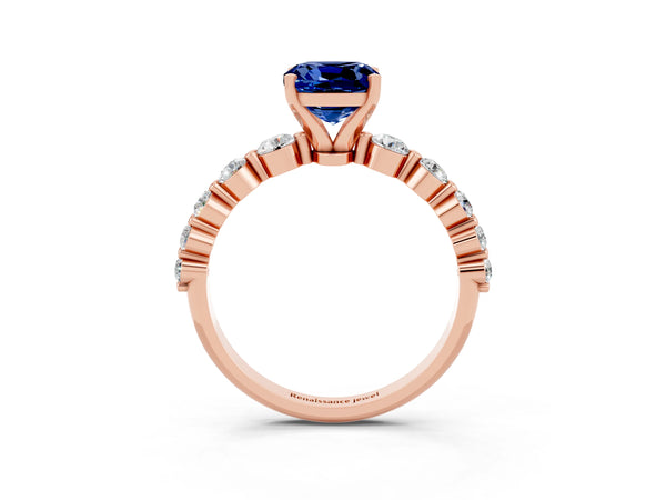 Rose gold Cushion Cut Solitaire Blue Sapphire Ring with Pave Band and Four-Prong Setting