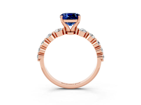 Rose gold Cushion Cut Solitaire Blue Sapphire Ring with Pave Band and Four-Prong Setting_3