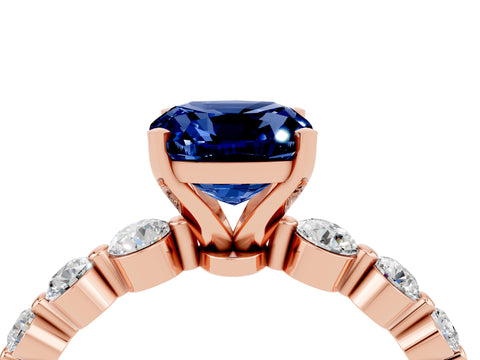 Rose gold Cushion Cut Solitaire Blue Sapphire Ring with Pave Band and Four-Prong Setting_4