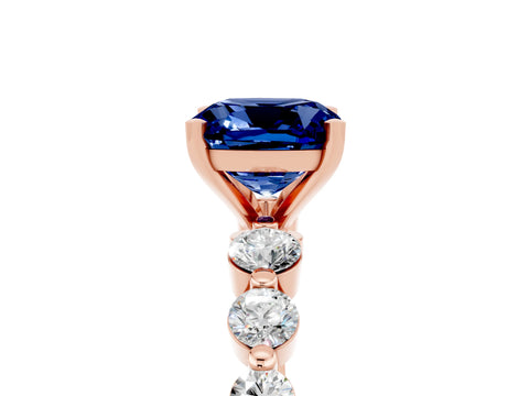 Rose gold Cushion Cut Solitaire Blue Sapphire Ring with Pave Band and Four-Prong Setting_5