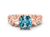 Rose gold Cushion Cut Solitaire Blue Topaz Leaf-Inspired Vine Band Ring with Prong Setting