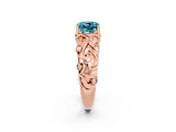 Rose gold Cushion Cut Solitaire Blue Topaz Leaf-Inspired Vine Band Ring with Prong Setting_2