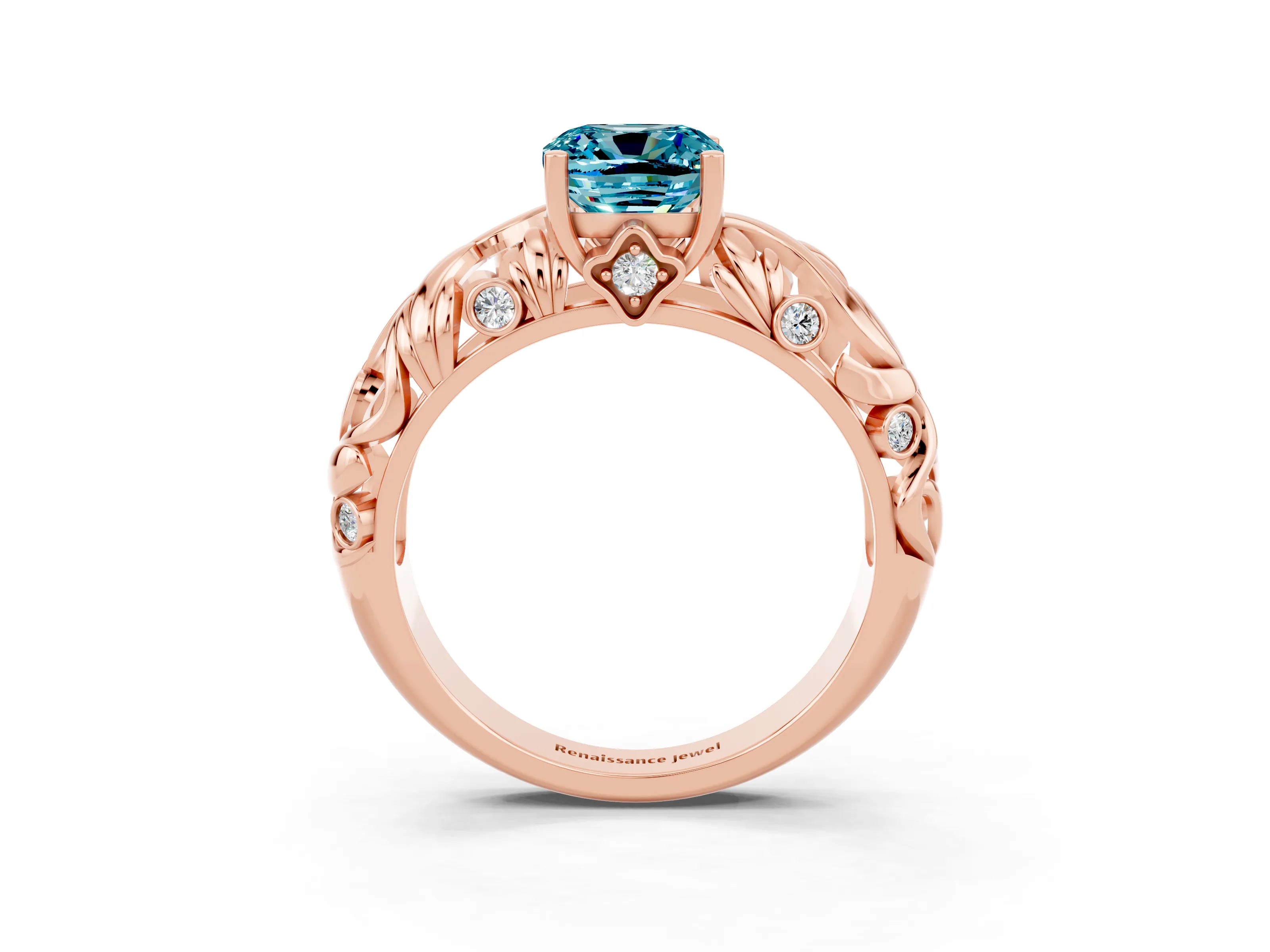 Rose gold Cushion Cut Solitaire Blue Topaz Leaf-Inspired Vine Band Ring with Prong Setting_3