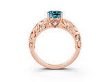 Rose gold Cushion Cut Solitaire Blue Topaz Leaf-Inspired Vine Band Ring with Prong Setting_3