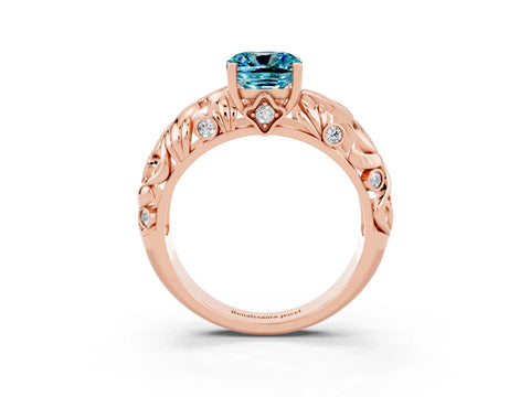 Rose gold Cushion Cut Solitaire Blue Topaz Leaf-Inspired Vine Band Ring with Prong Setting_3