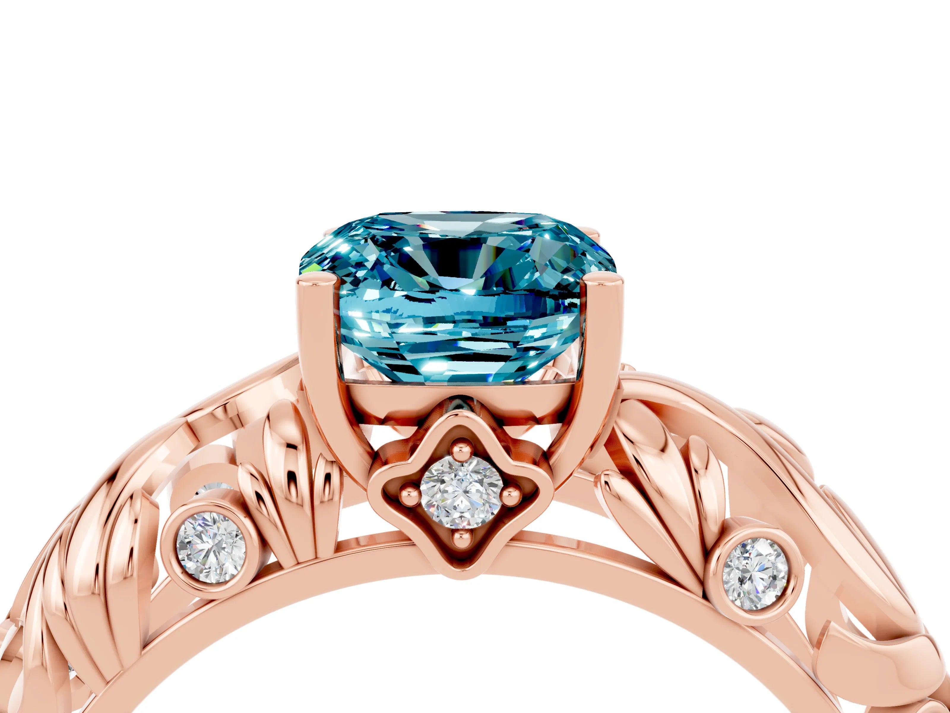 Rose gold Cushion Cut Solitaire Blue Topaz Leaf-Inspired Vine Band Ring with Prong Setting_4
