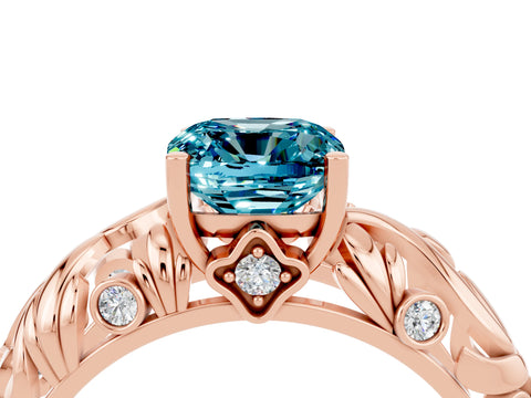Rose gold Cushion Cut Solitaire Blue Topaz Leaf-Inspired Vine Band Ring with Prong Setting_4