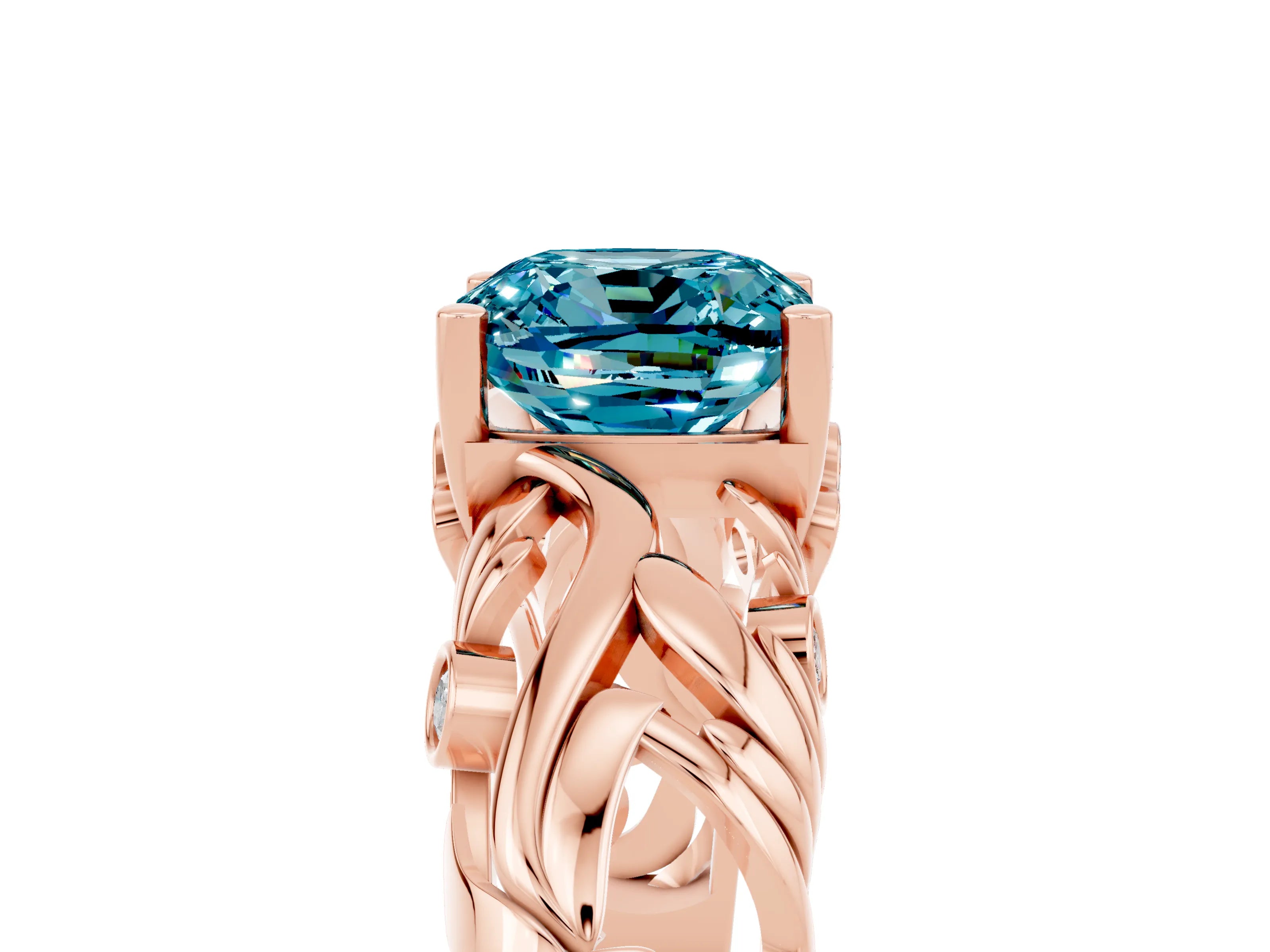 Rose gold Cushion Cut Solitaire Blue Topaz Leaf-Inspired Vine Band Ring with Prong Setting_5