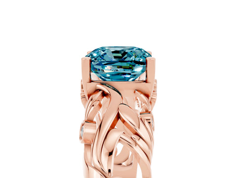 Rose gold Cushion Cut Solitaire Blue Topaz Leaf-Inspired Vine Band Ring with Prong Setting_5