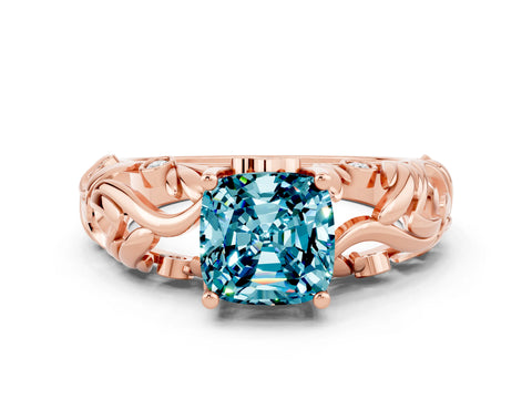 Rose gold Cushion Cut Solitaire Blue Topaz Leaf-Inspired Vine Band Ring with Prong Setting
