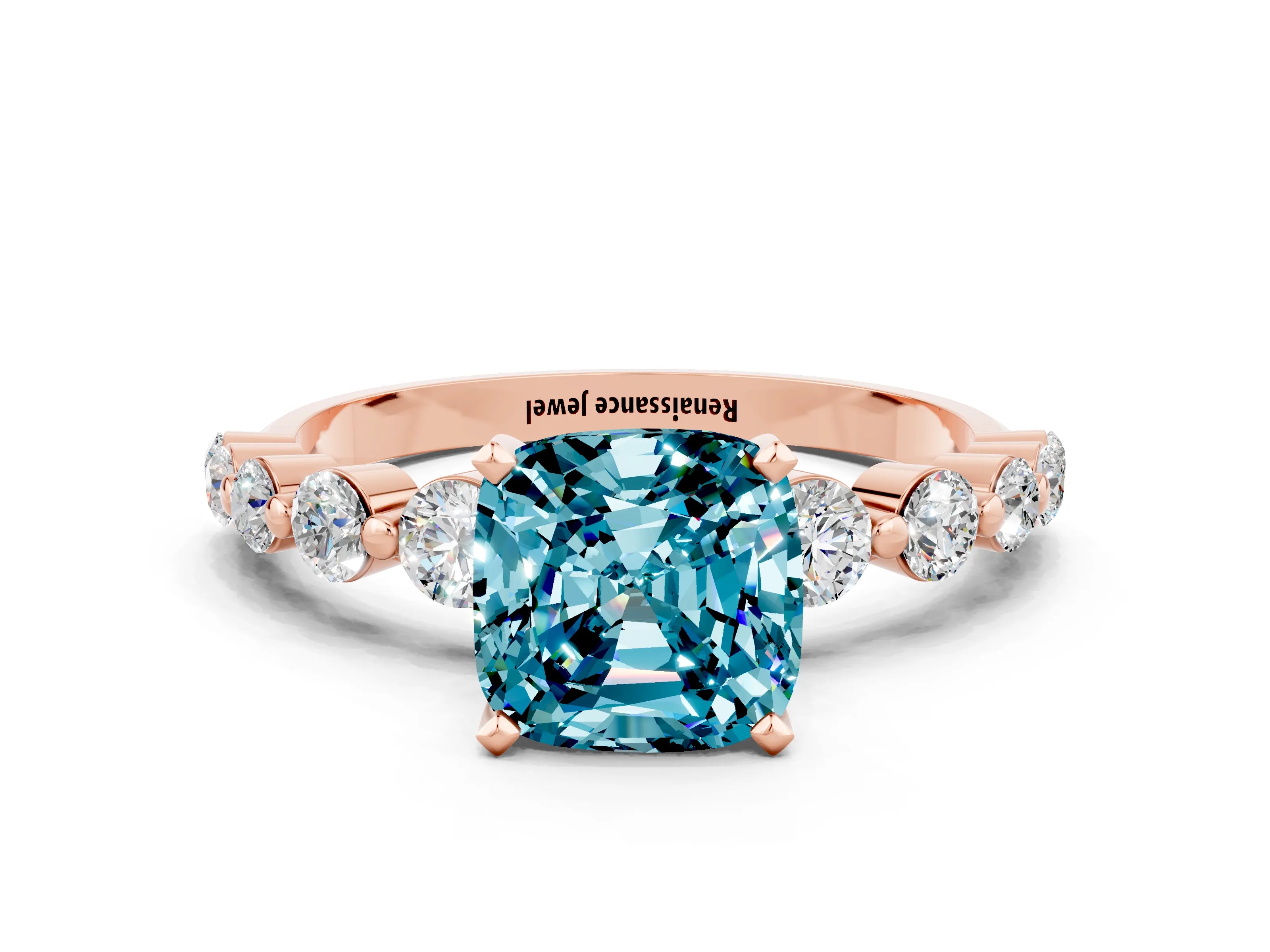 Rose gold Cushion Cut Solitaire Blue Topaz Ring with Pave Band and Four-Prong Setting