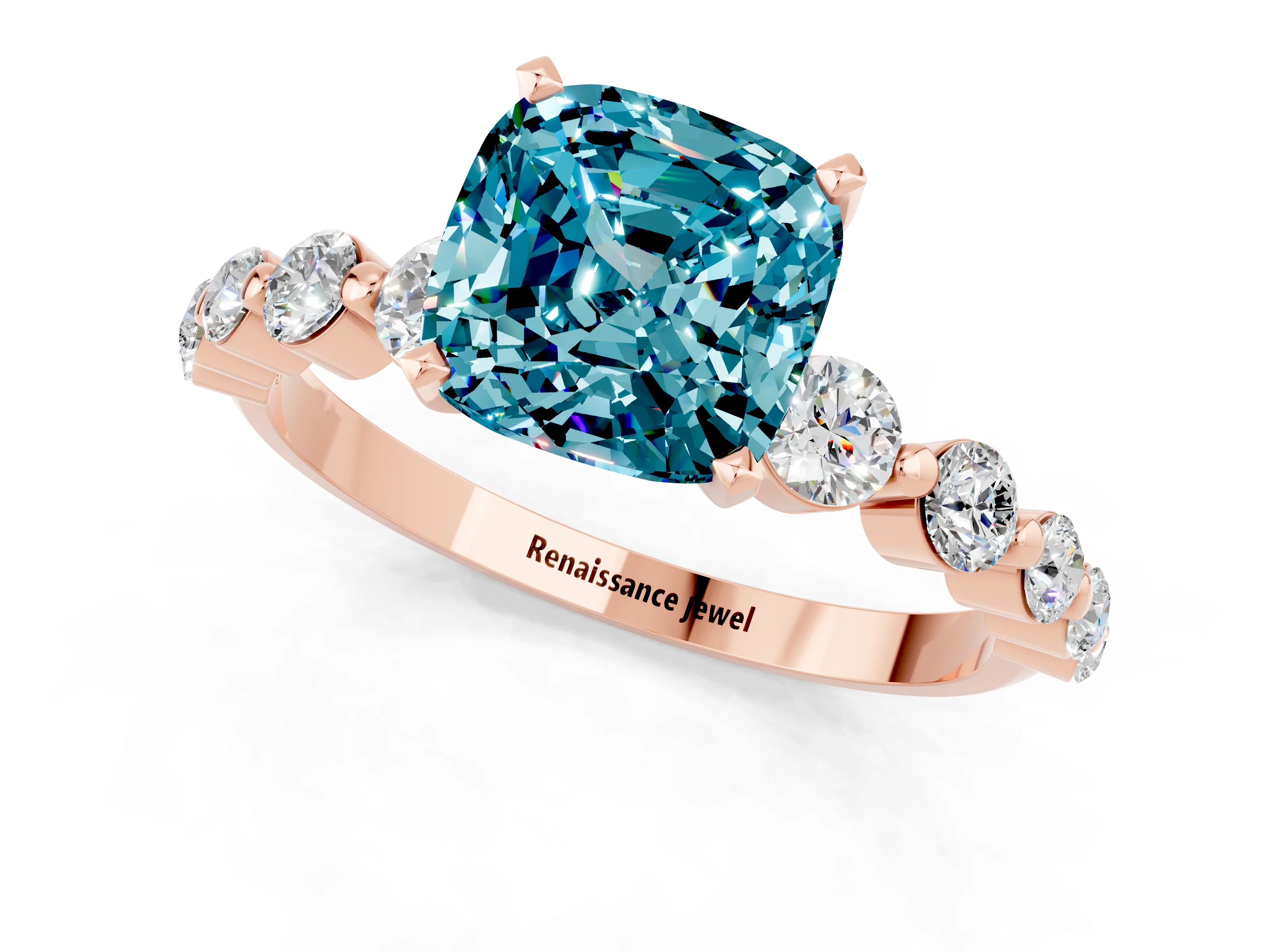Rose gold Cushion Cut Solitaire Blue Topaz Ring with Pave Band and Four-Prong Setting_1