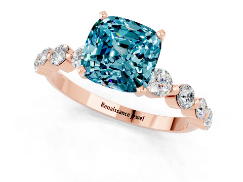 Rose gold Cushion Cut Solitaire Blue Topaz Ring with Pave Band and Four-Prong Setting_1