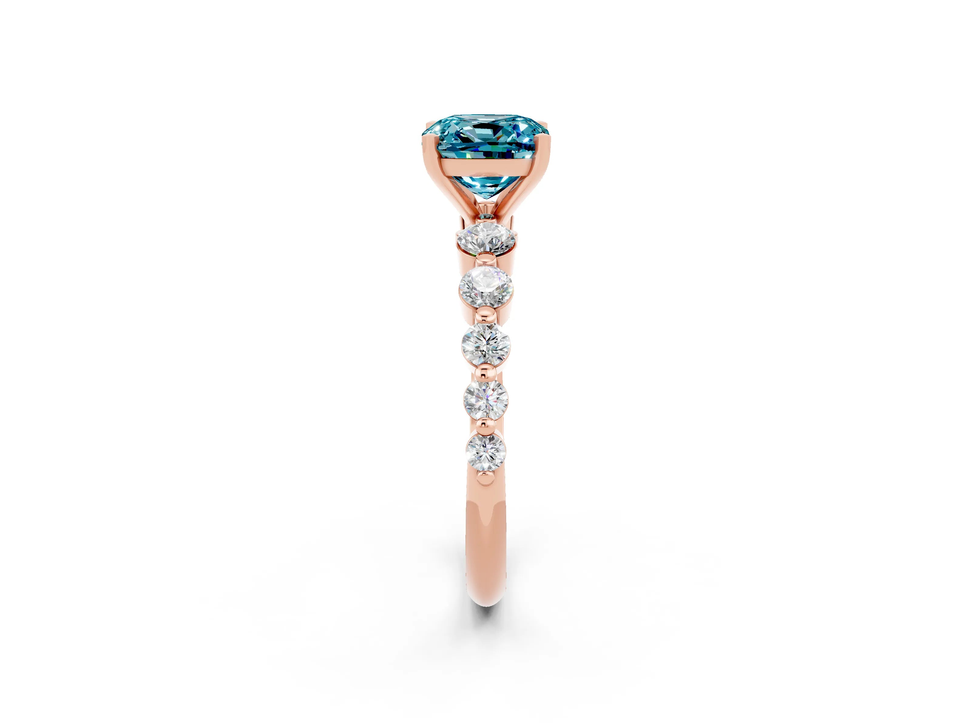 Rose gold Cushion Cut Solitaire Blue Topaz Ring with Pave Band and Four-Prong Setting_2