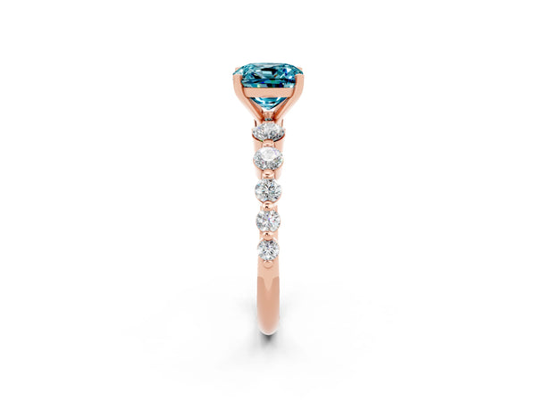 Rose gold Cushion Cut Solitaire Blue Topaz Ring with Pave Band and Four-Prong Setting