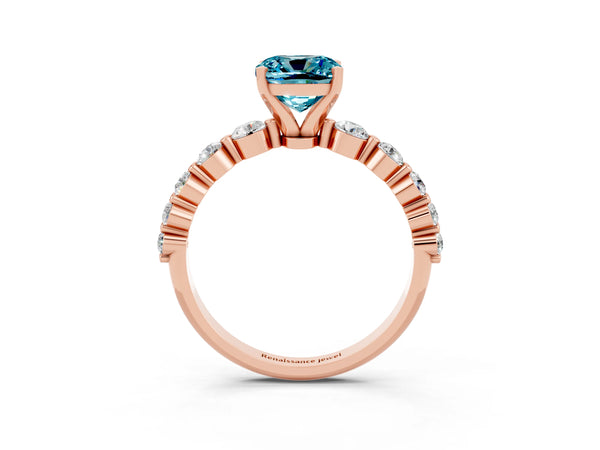 Rose gold Cushion Cut Solitaire Blue Topaz Ring with Pave Band and Four-Prong Setting