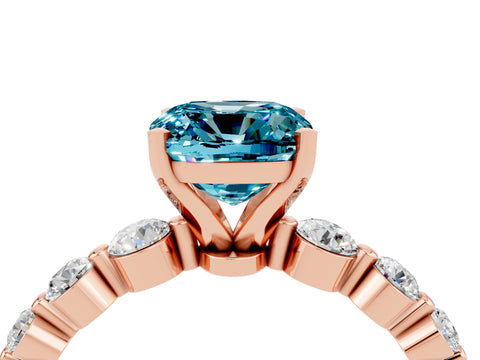 Rose gold Cushion Cut Solitaire Blue Topaz Ring with Pave Band and Four-Prong Setting_4