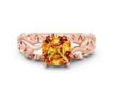 Rose gold Cushion Cut Solitaire Citrine Leaf-Inspired Vine Band Ring with Prong Setting