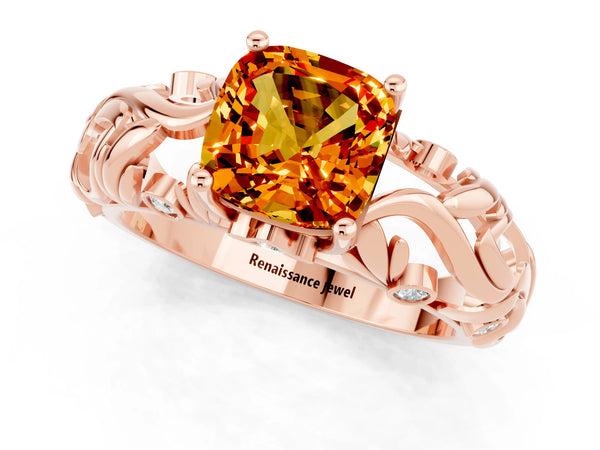 Rose gold Cushion Cut Solitaire Citrine Leaf-Inspired Vine Band Ring with Prong Setting