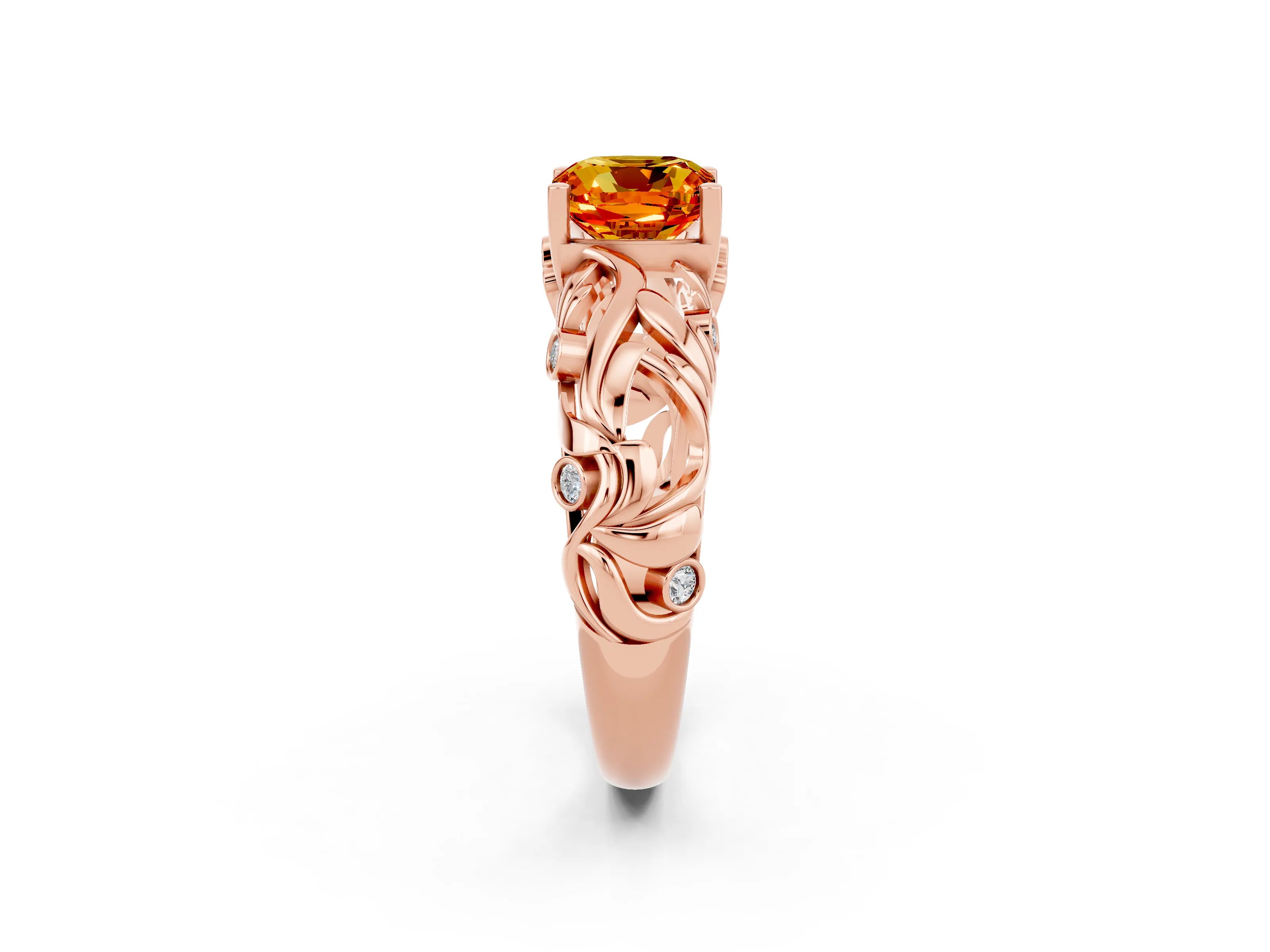 Rose gold Cushion Cut Solitaire Citrine Leaf-Inspired Vine Band Ring with Prong Setting_2