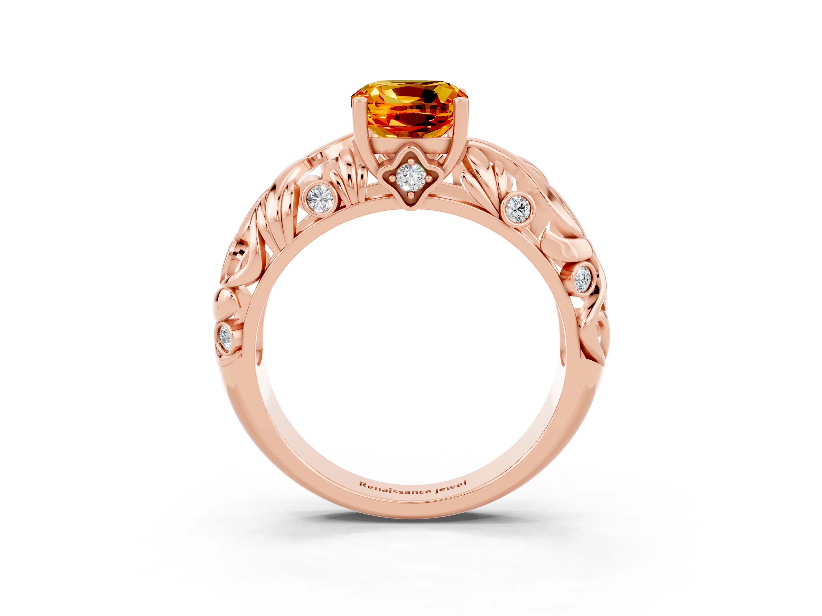 Rose gold Cushion Cut Solitaire Citrine Leaf-Inspired Vine Band Ring with Prong Setting_3