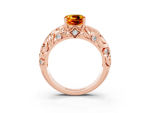 Rose gold Cushion Cut Solitaire Citrine Leaf-Inspired Vine Band Ring with Prong Setting_3