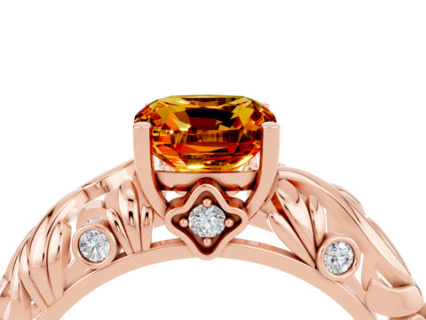 Rose gold Cushion Cut Solitaire Citrine Leaf-Inspired Vine Band Ring with Prong Setting_4