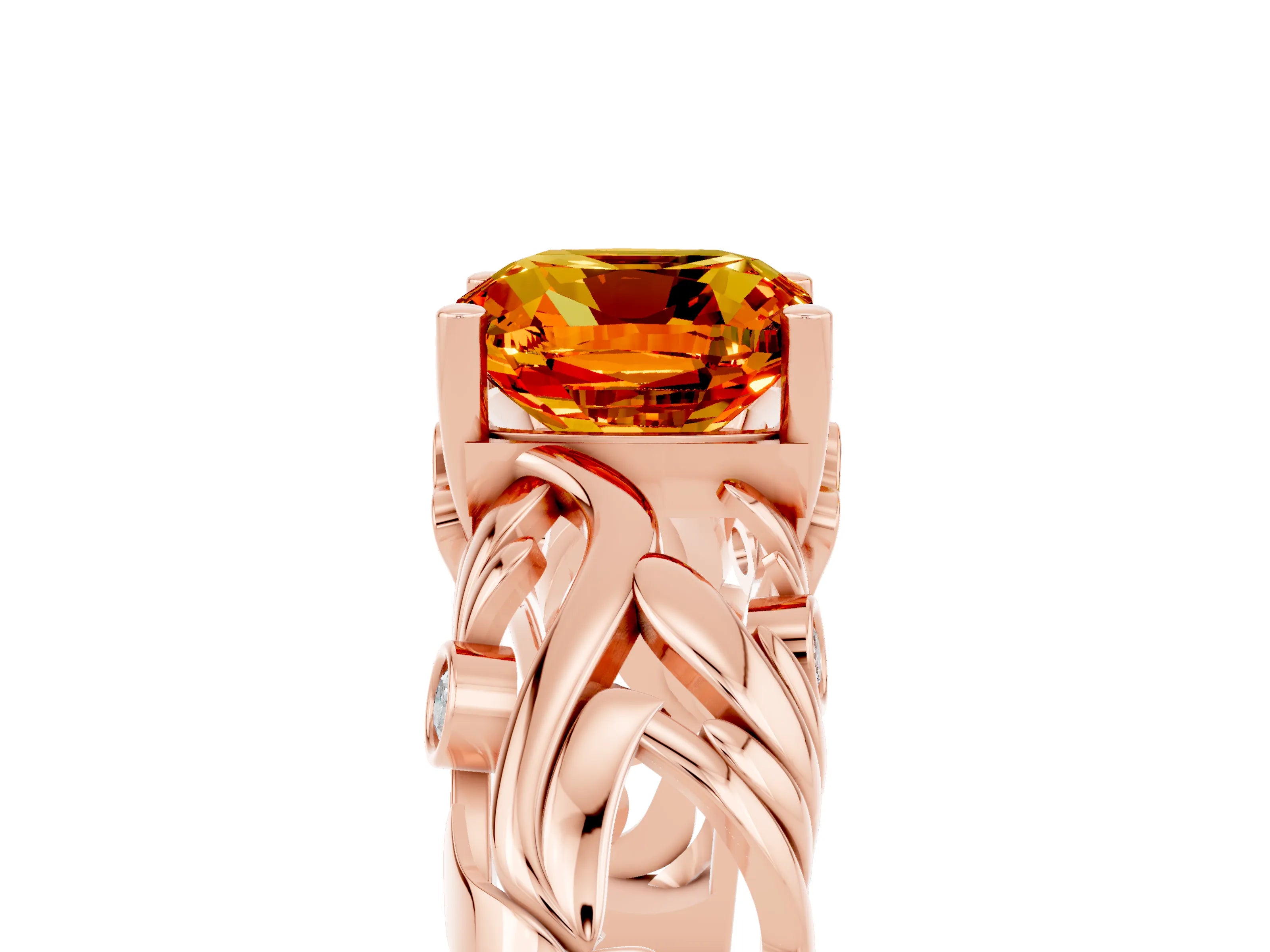 Rose gold Cushion Cut Solitaire Citrine Leaf-Inspired Vine Band Ring with Prong Setting_5
