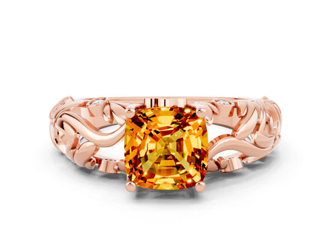 Rose gold Cushion Cut Solitaire Citrine Leaf-Inspired Vine Band Ring with Prong Setting