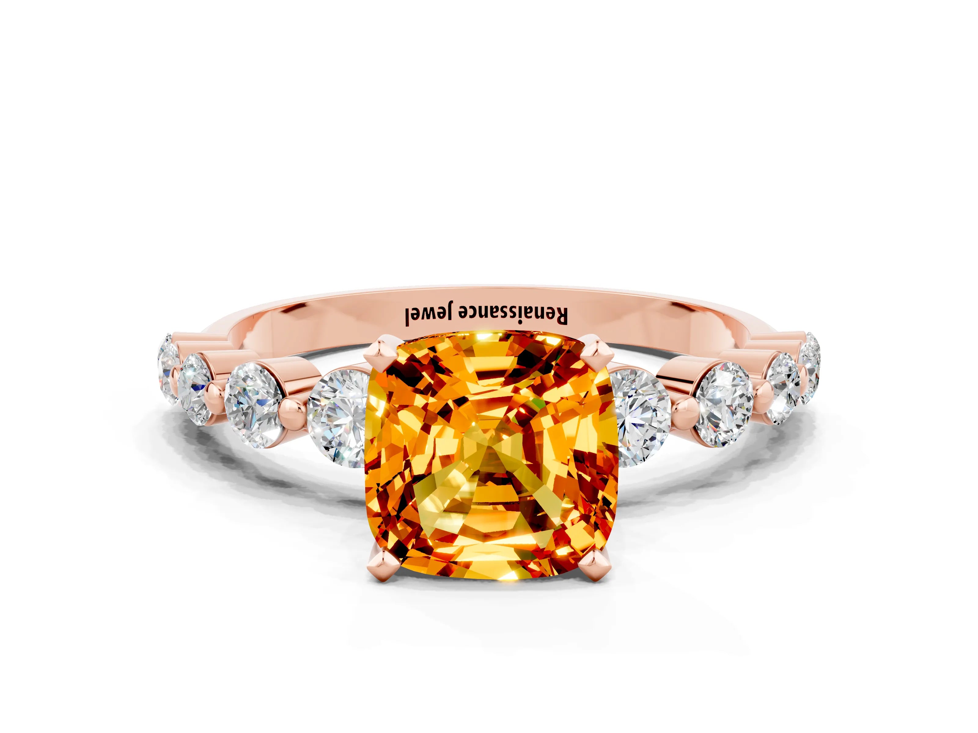 Rose gold Cushion Cut Solitaire Citrine Ring with Pave Band and Four-Prong Setting