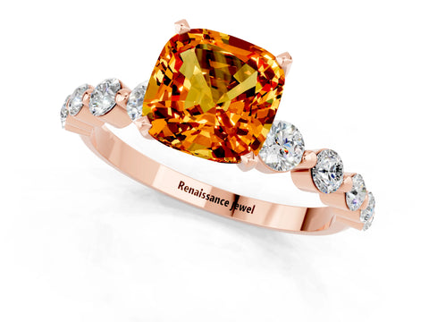 Rose gold Cushion Cut Solitaire Citrine Ring with Pave Band and Four-Prong Setting_1