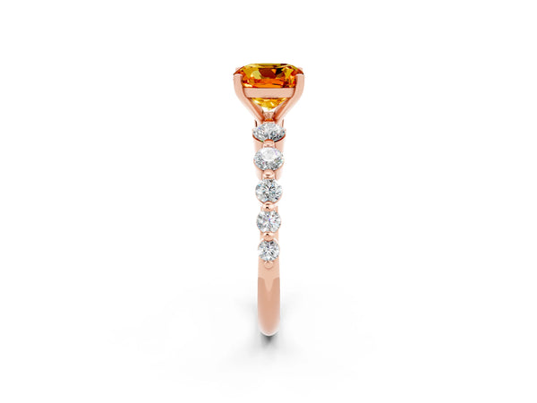 Rose gold Cushion Cut Solitaire Citrine Ring with Pave Band and Four-Prong Setting