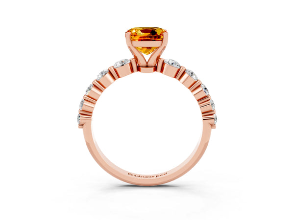 Rose gold Cushion Cut Solitaire Citrine Ring with Pave Band and Four-Prong Setting