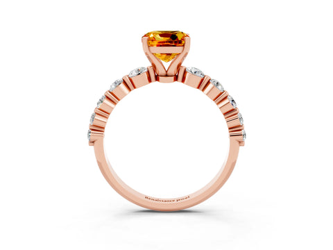Rose gold Cushion Cut Solitaire Citrine Ring with Pave Band and Four-Prong Setting_3