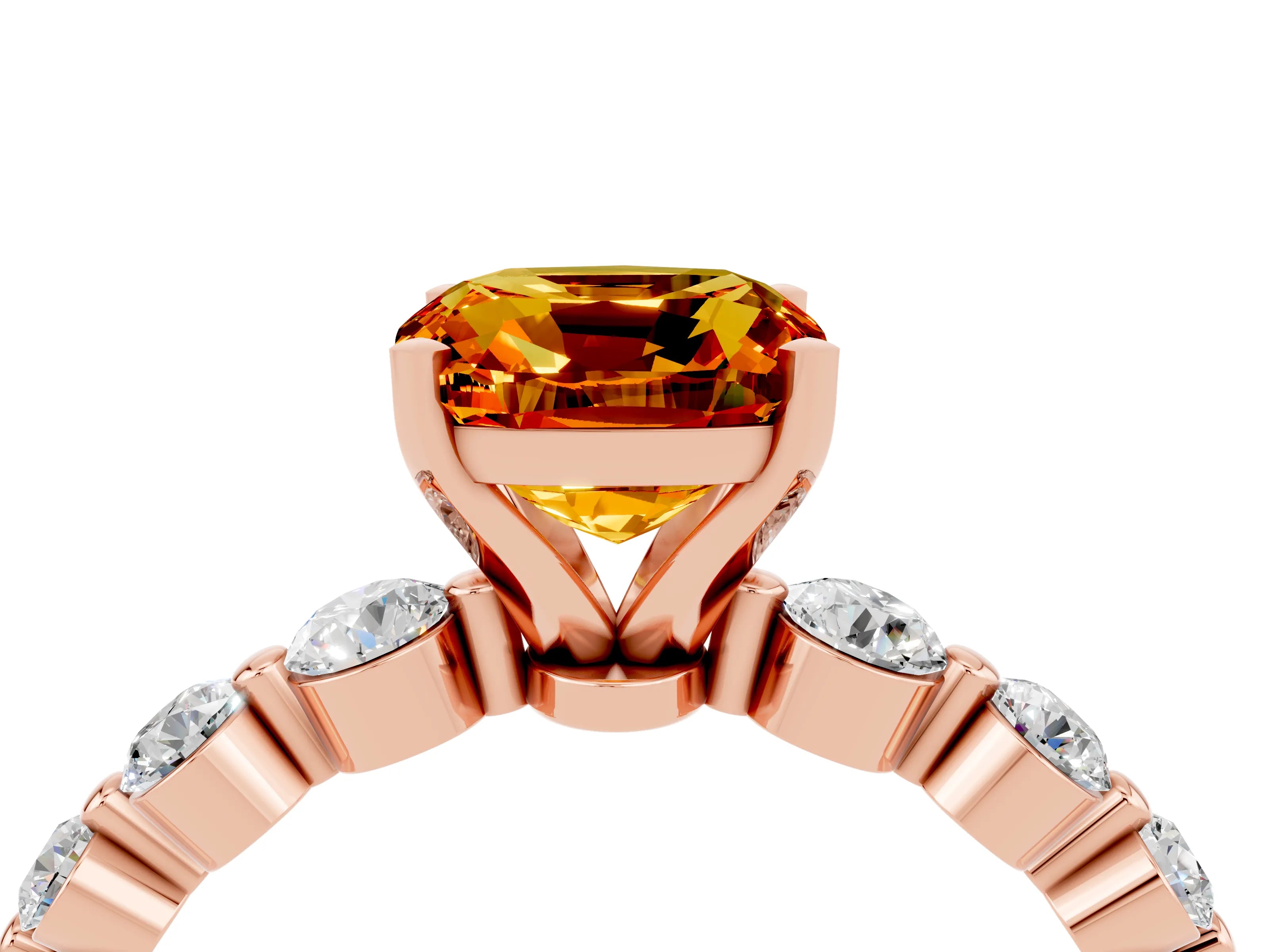 Rose gold Cushion Cut Solitaire Citrine Ring with Pave Band and Four-Prong Setting_4