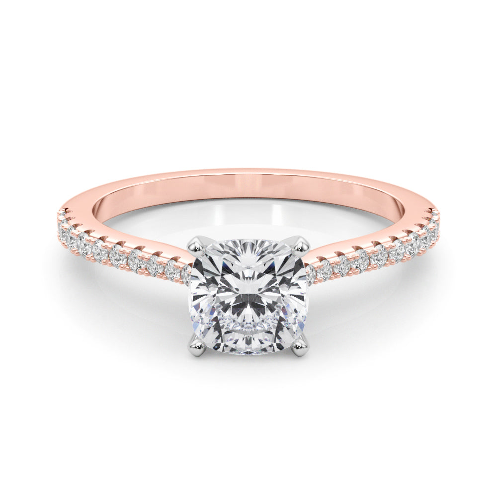 Rose gold Cushion Cut Solitaire Diamond Engagement Ring with Pave Band and Four-Prong Setting 1